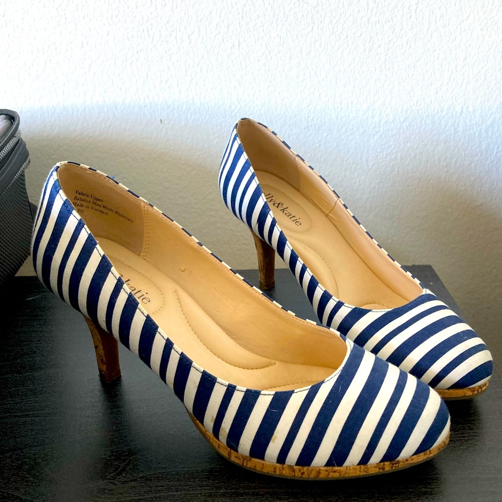 Navy blue striped heels with cork. Super comfy!
